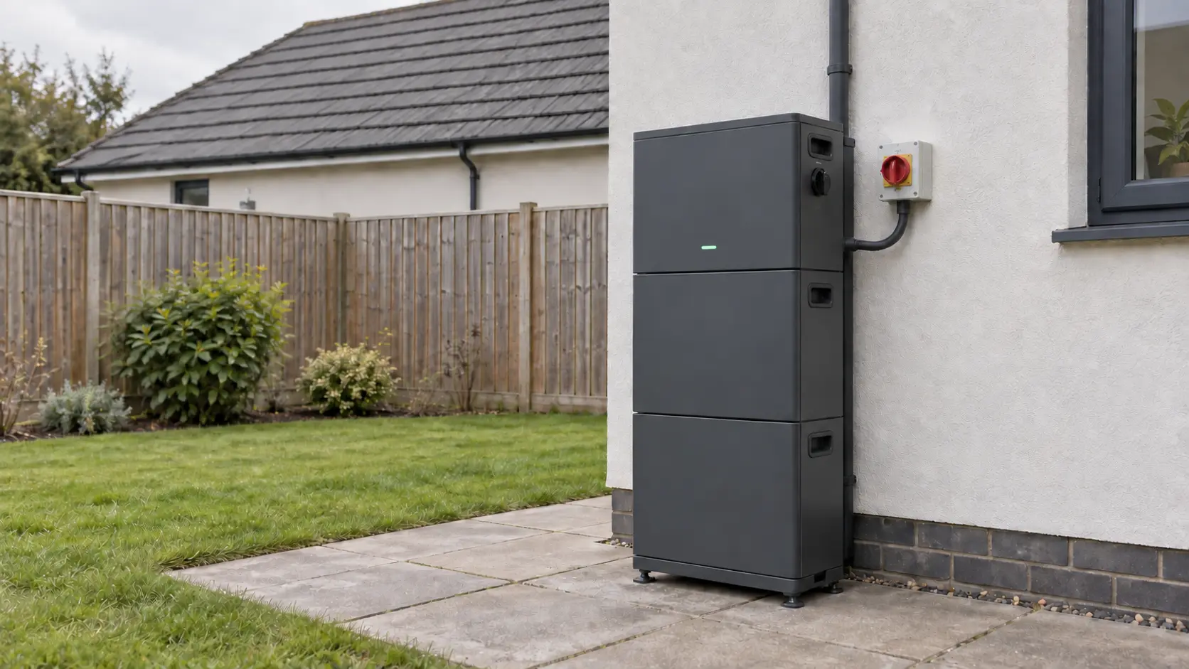 AI illustration of a charcoal home battery stack with an integrated inverter, built-in PV switch and wall-mounted AC isolator beside a rendered house