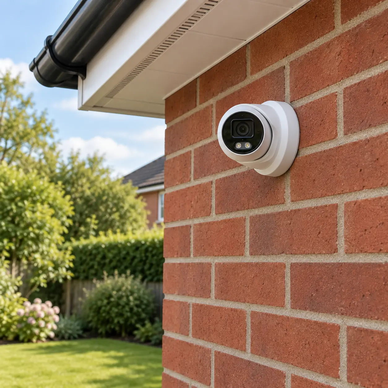 AI illustration of a white turret CCTV camera mounted directly to brickwork beneath the eaves