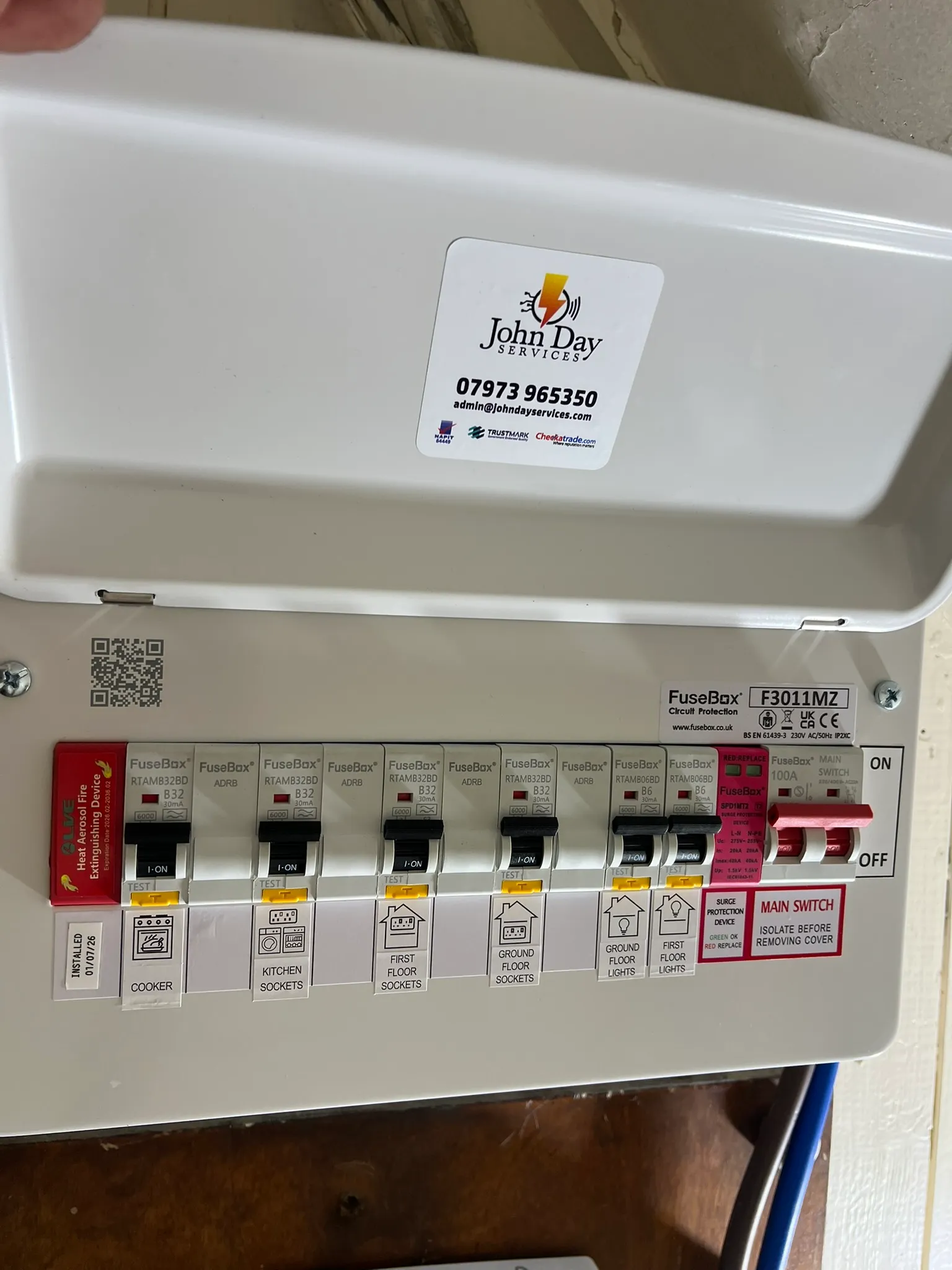Domestic consumer unit with labelled circuits installed by John Day Services