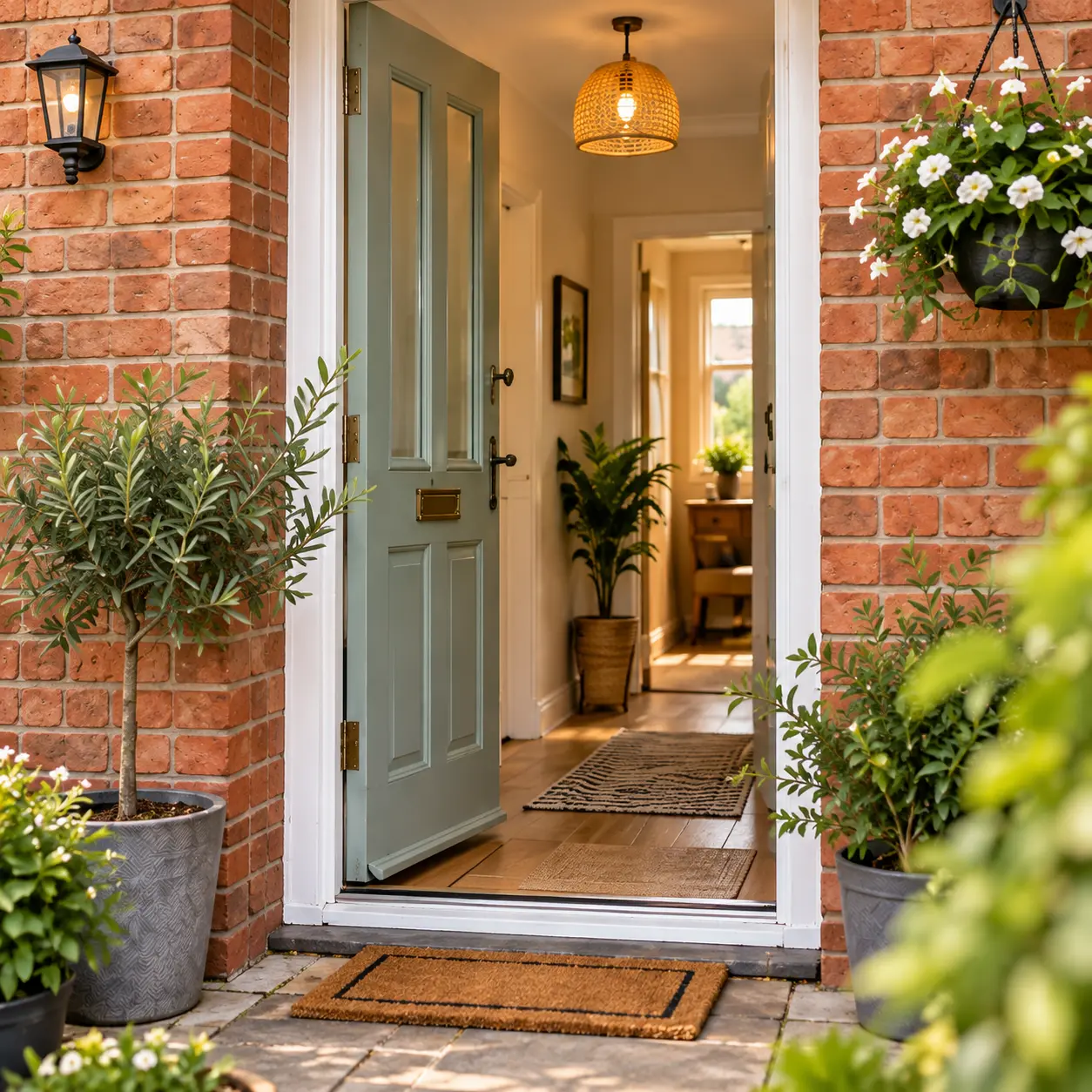 AI illustration of an open sage-green front door leading into a warmly lit hallway