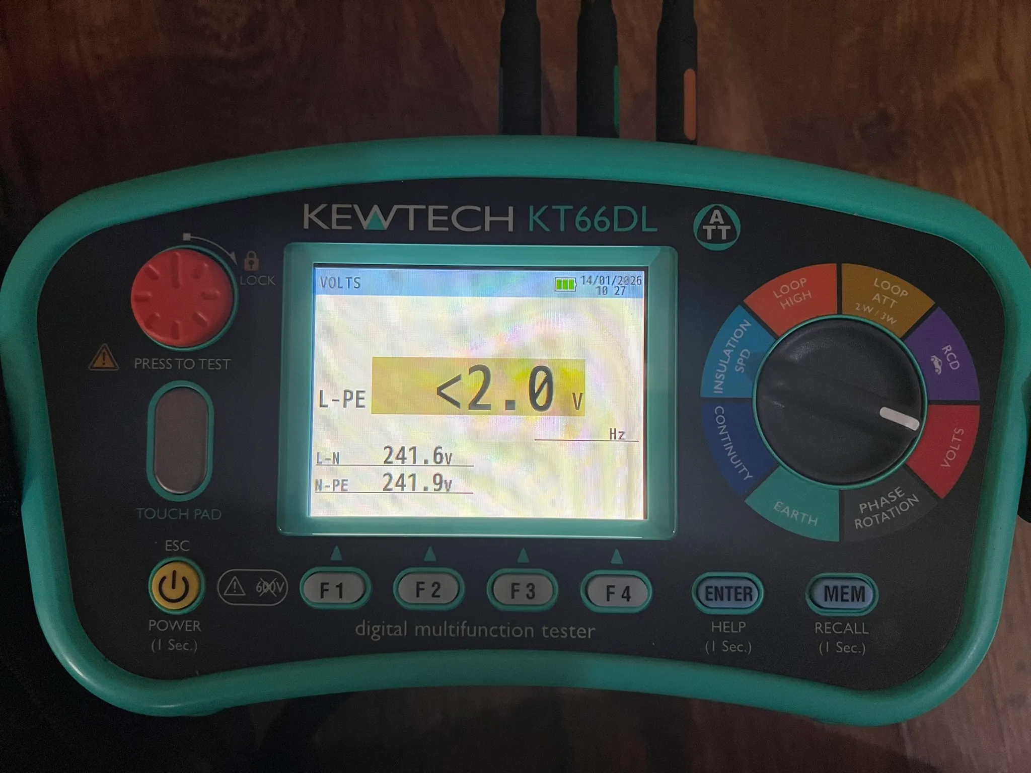 Kewtech tester reading under 2 volts line to earth and 241.9 volts neutral to earth