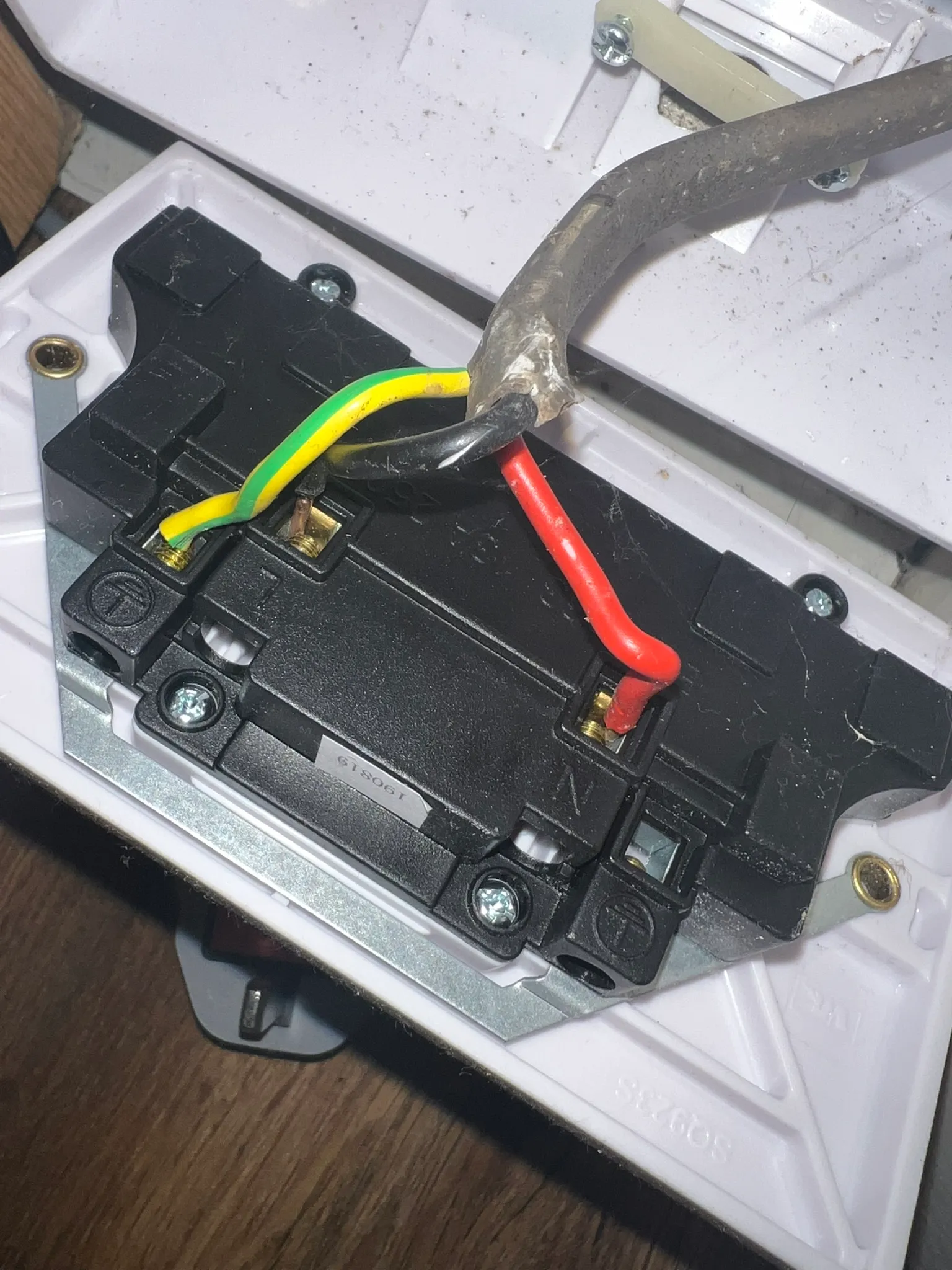 Back of a socket with the red conductor in the N terminal and the black conductor in the L terminal