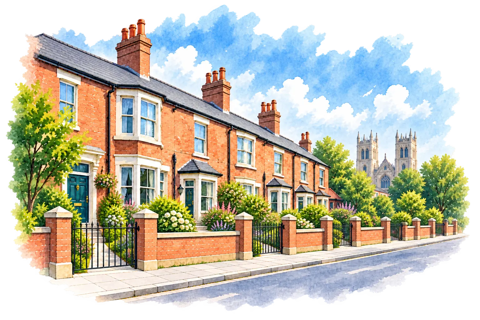 Illustration of a Yorkshire terraced street with gardens and a distant minster