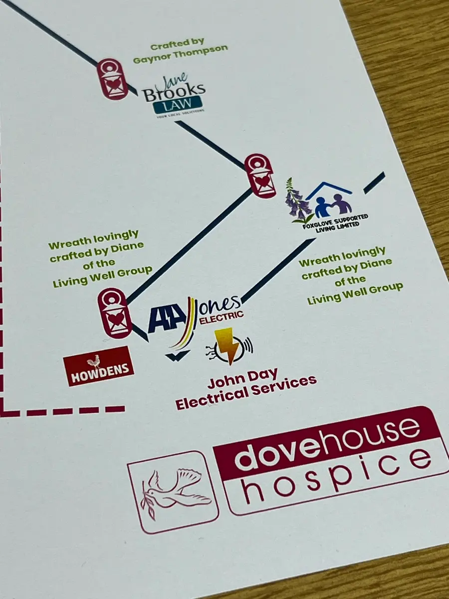 Printed Dove House Hospice acknowledgement featuring AA Jones and John Day Electrical Services